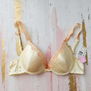 Rare LEI Vintage Lemonade Push Up Bra Yellow Satin Orange Lace Bow 34B Y2K